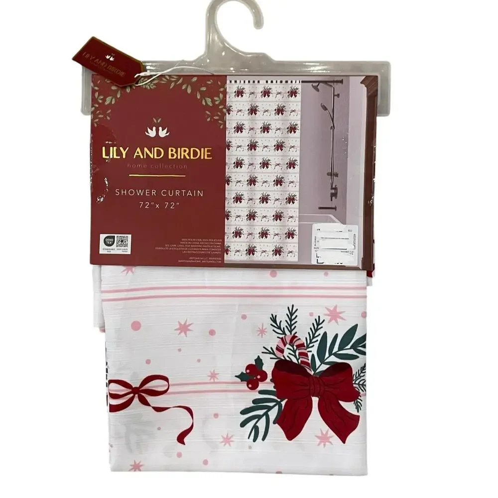 Christmas RED BOWS Fabric Shower Curtain 72x72 Festive Holiday Bath NEW